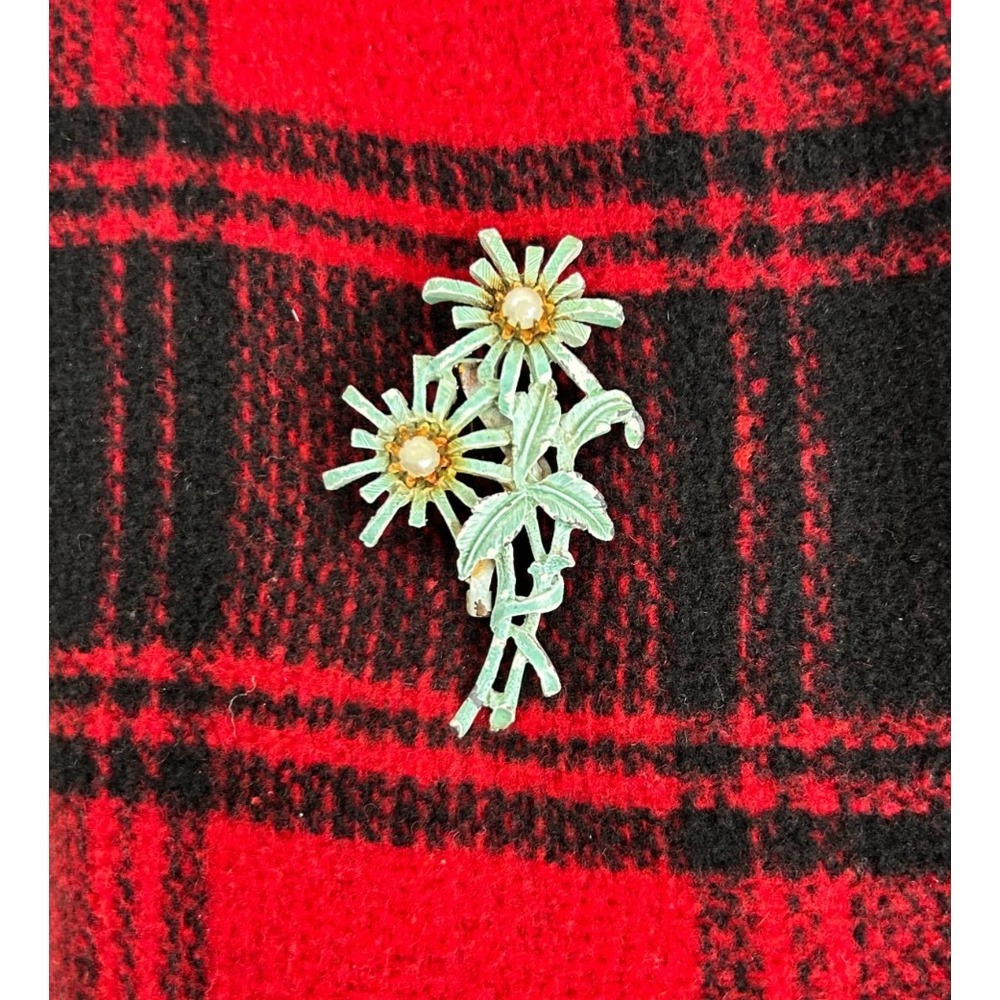 Vintage Turquoise Enamel Floral Spray Pin Silver Tone Retro Daisy Pearl Brooch